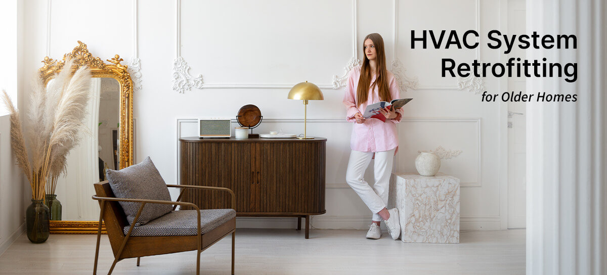 Woman learning against wall in traditional house. 